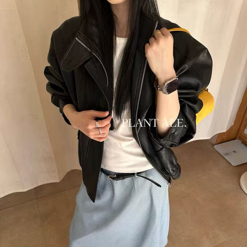 春款韩系翻领机车皮衣女