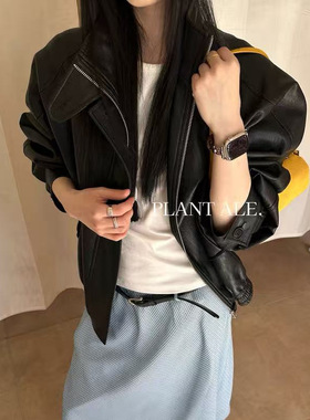 现货秒发一PlantAle韩系翻领中长款皮衣女小众柔软复古机车外套女