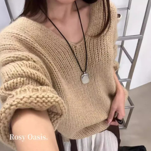 现货折扣一韩系棒针冰岛毛v领慵懒粗针毛衣宽松羊毛针织衫 女M510