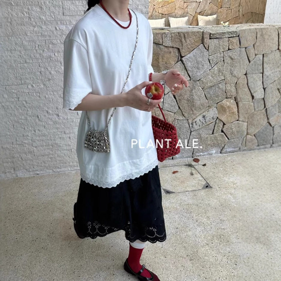大码宽松蕾丝花边短袖上衣一夏季新款白色镂空休闲半袖T恤女5M003
