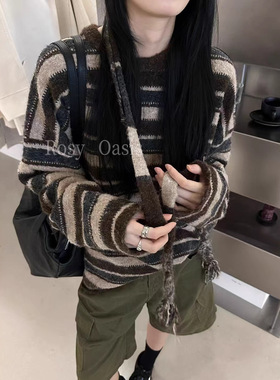复古风氛围感条纹毛衣一PlantAle韩系慵懒风宽松上衣配围巾Y8575