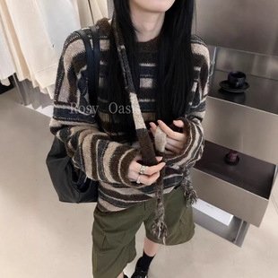 复古风氛围感条纹毛衣一PlantAle韩系慵懒风宽松上衣配围巾Y8575