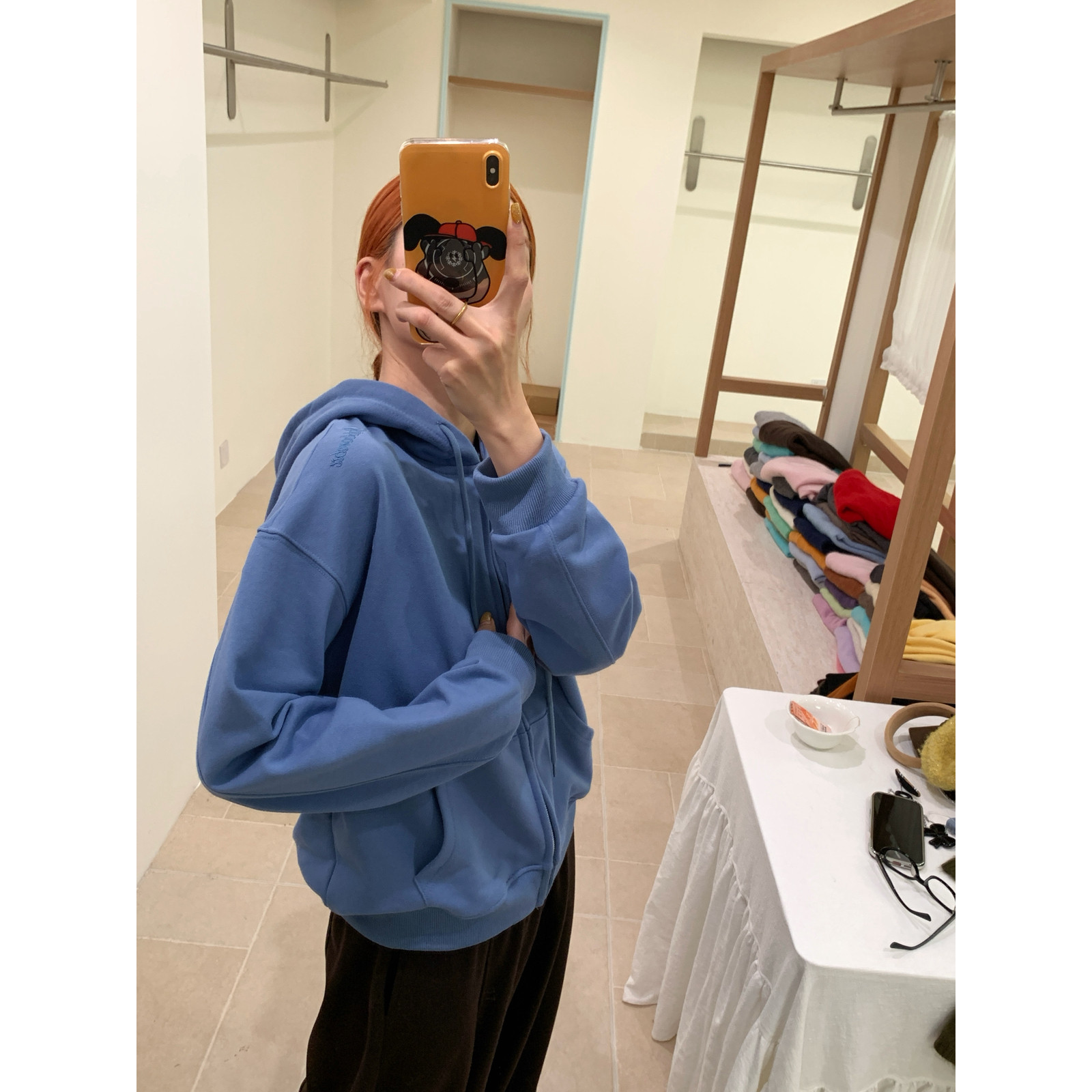 韩系高智感连帽拉链外套一蓝色治愈色系重工刺绣卫衣KY01