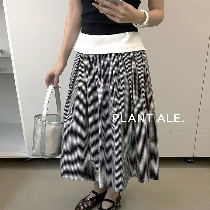 韩系小清新小格子半身裙一学院复古文艺小花边松紧腰裙子夏R6053