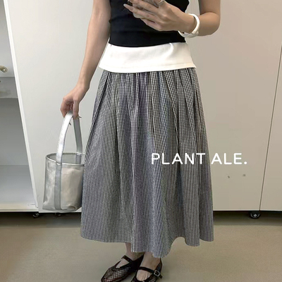 韩系小清新小格子半身裙一学院复古文艺小花边松紧腰裙子夏R6053