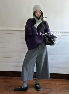 韩系羊毛设计感小众八分裤一PlantAle毛呢休闲中裤百搭配腰包6114
