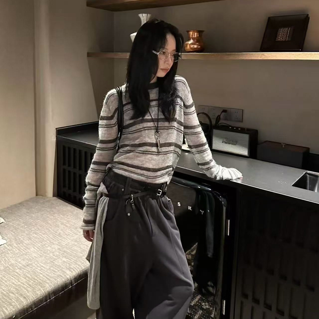 韩系马海毛条纹圆领毛衣女秋冬