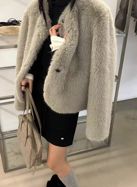现货秒发一韩国简约感圆领毛毛外套~PlantAle环保皮草女装X8397-1