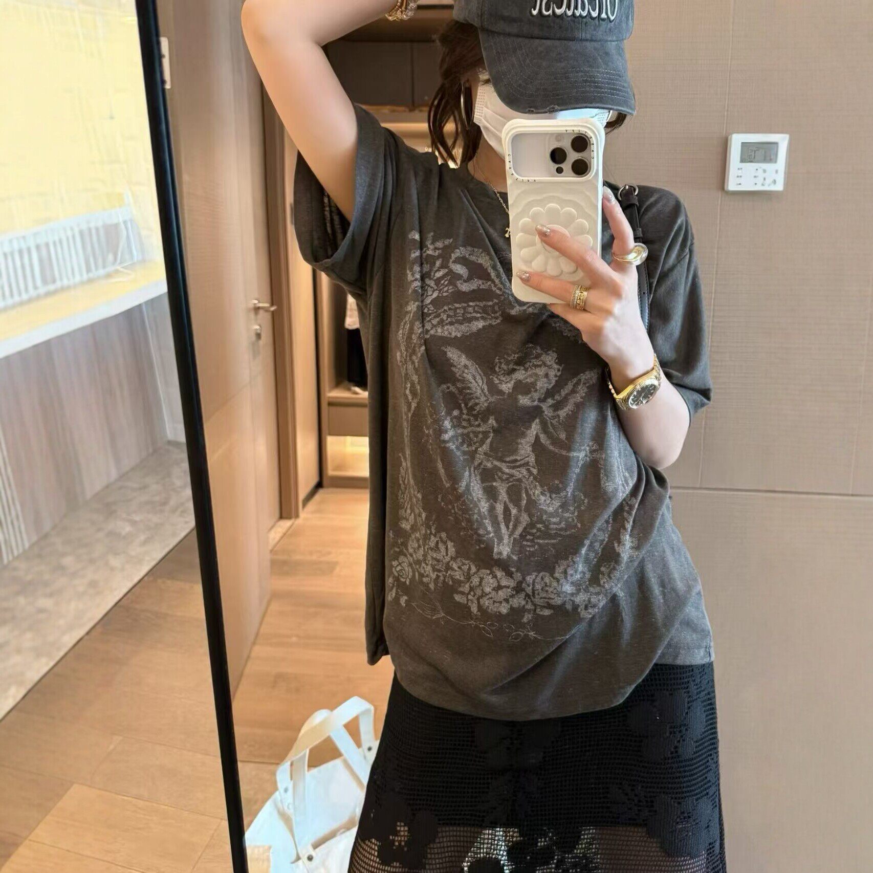 复古丘比特印花亚麻短袖T恤女