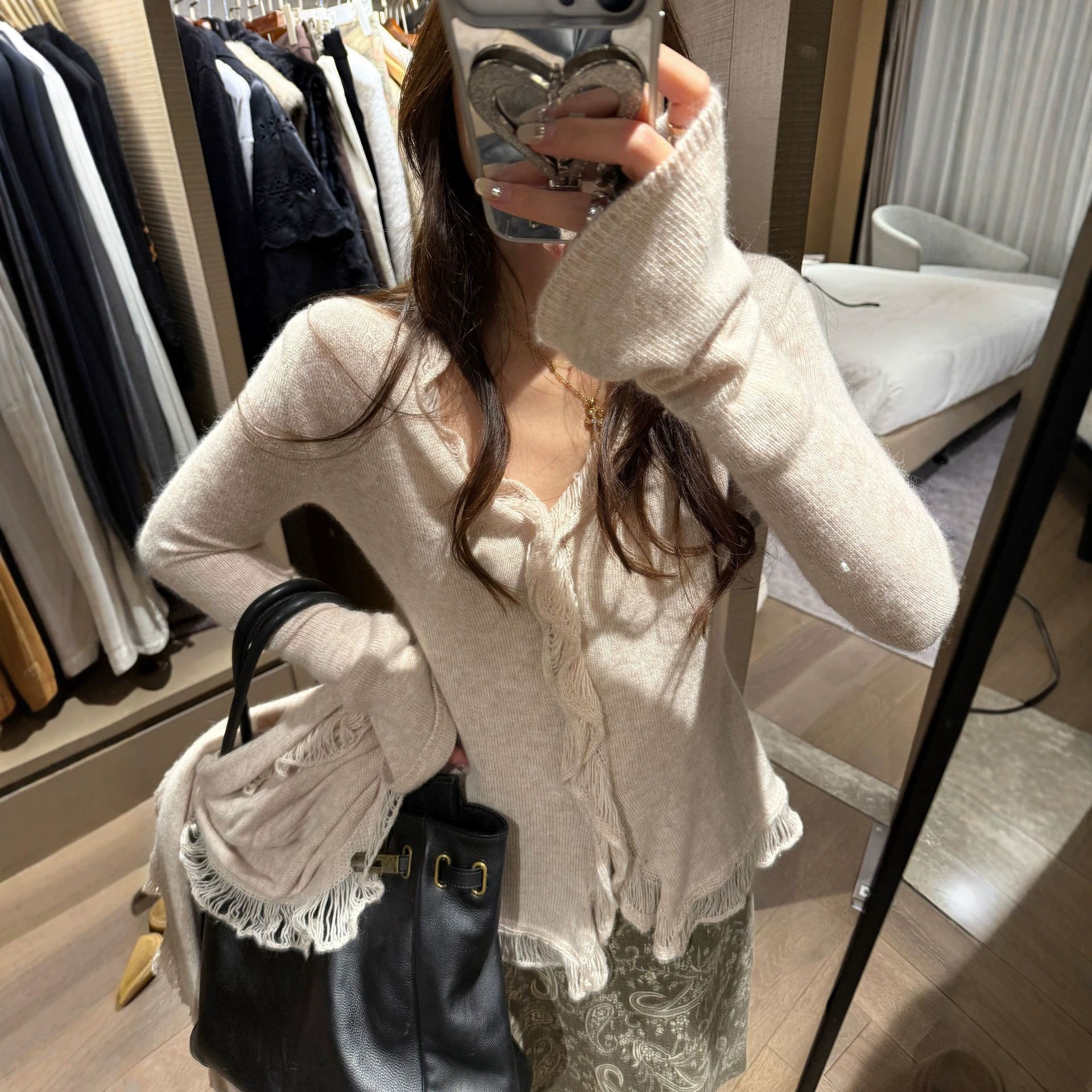 法式流苏木耳边薄款针织打底衫女