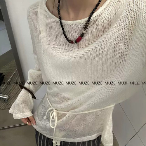 早秋新款超薄透视感毛衣~韩系甜辣风白色罩衫宽松针织衫纯欲5X286