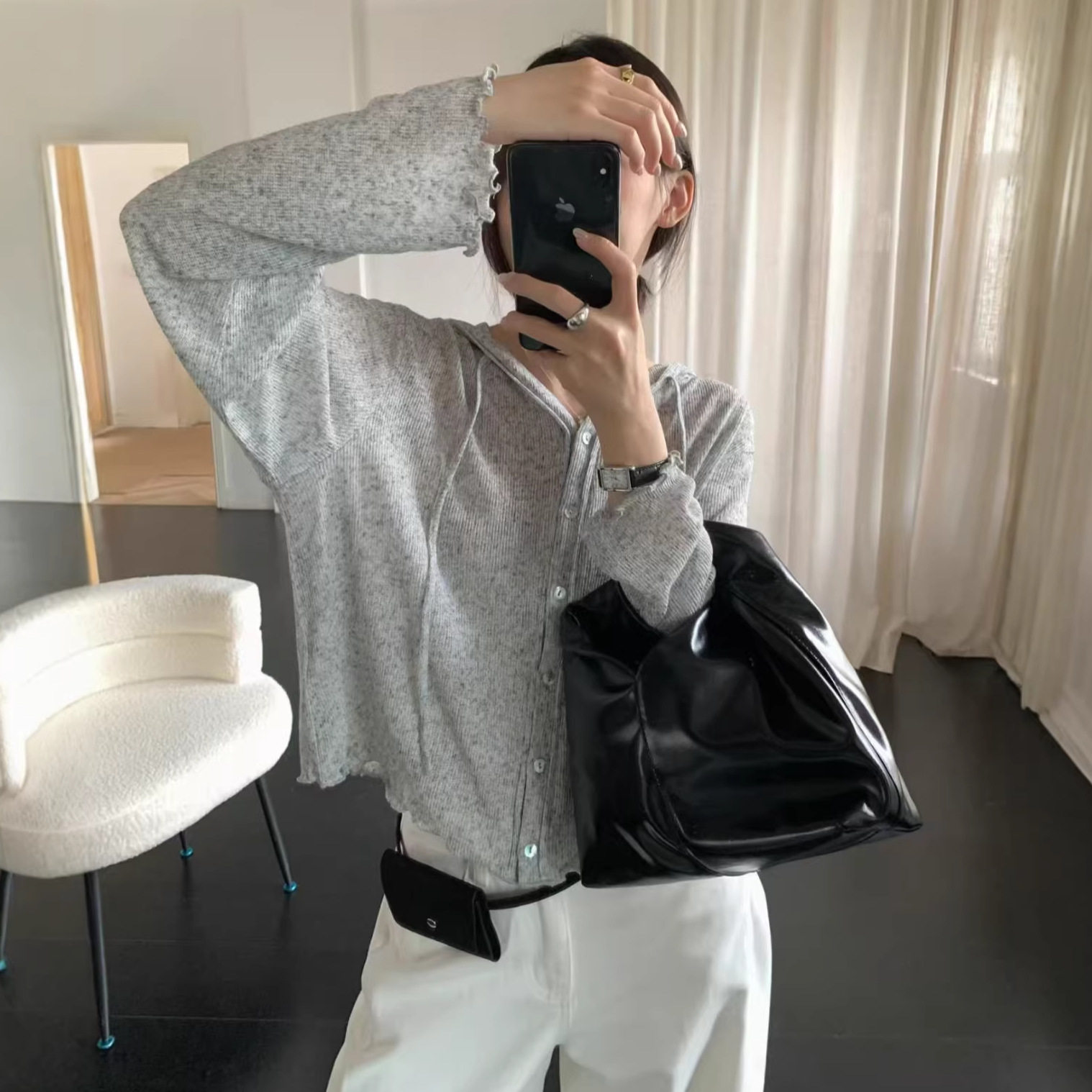 现货秒发-春季百搭防晒开衫-5%亚麻连帽针织开衫女修身短款薄外套