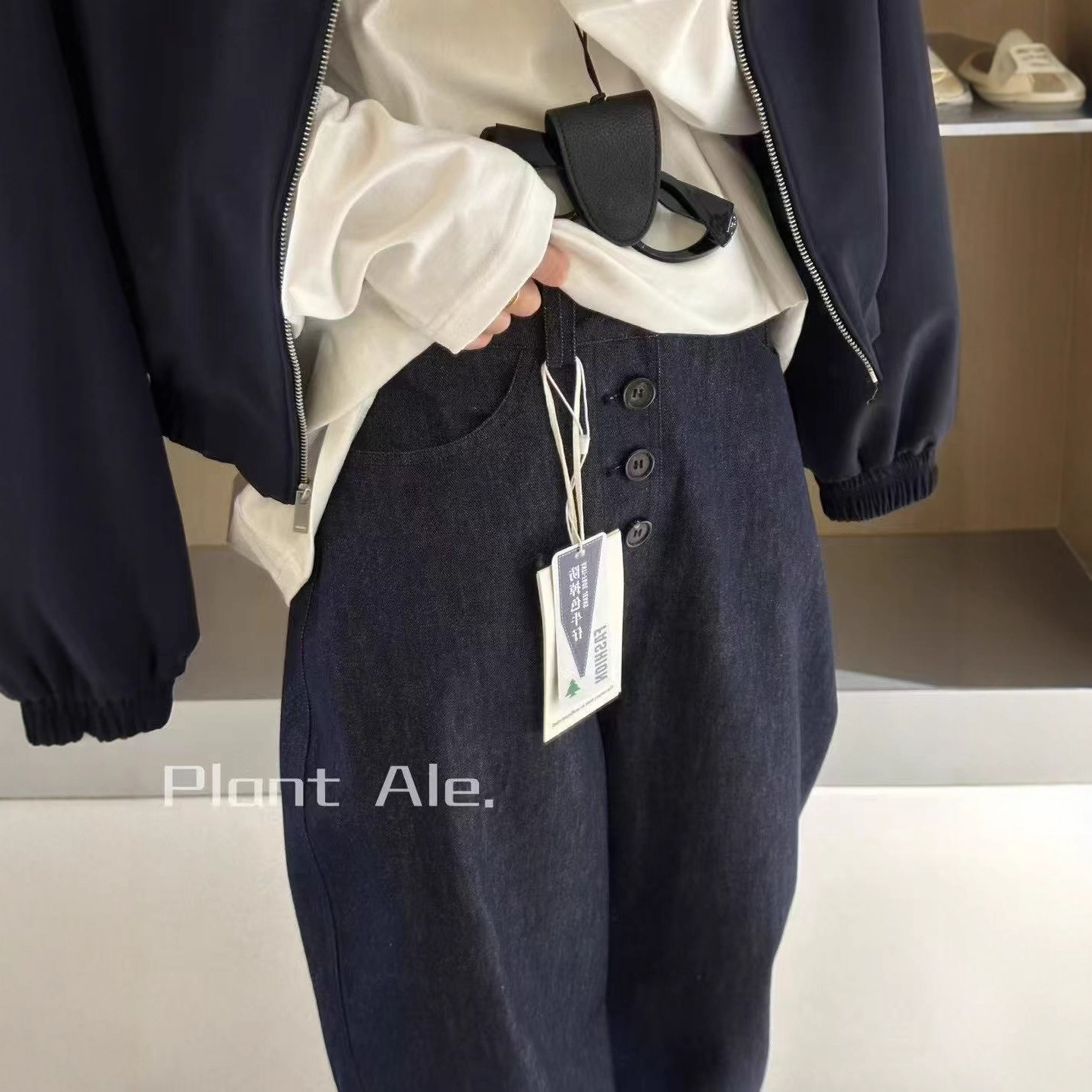 现货折扣一PLANT ALE高腰设计宽松阔腿裤女高级感弯刀牛仔裤休闲