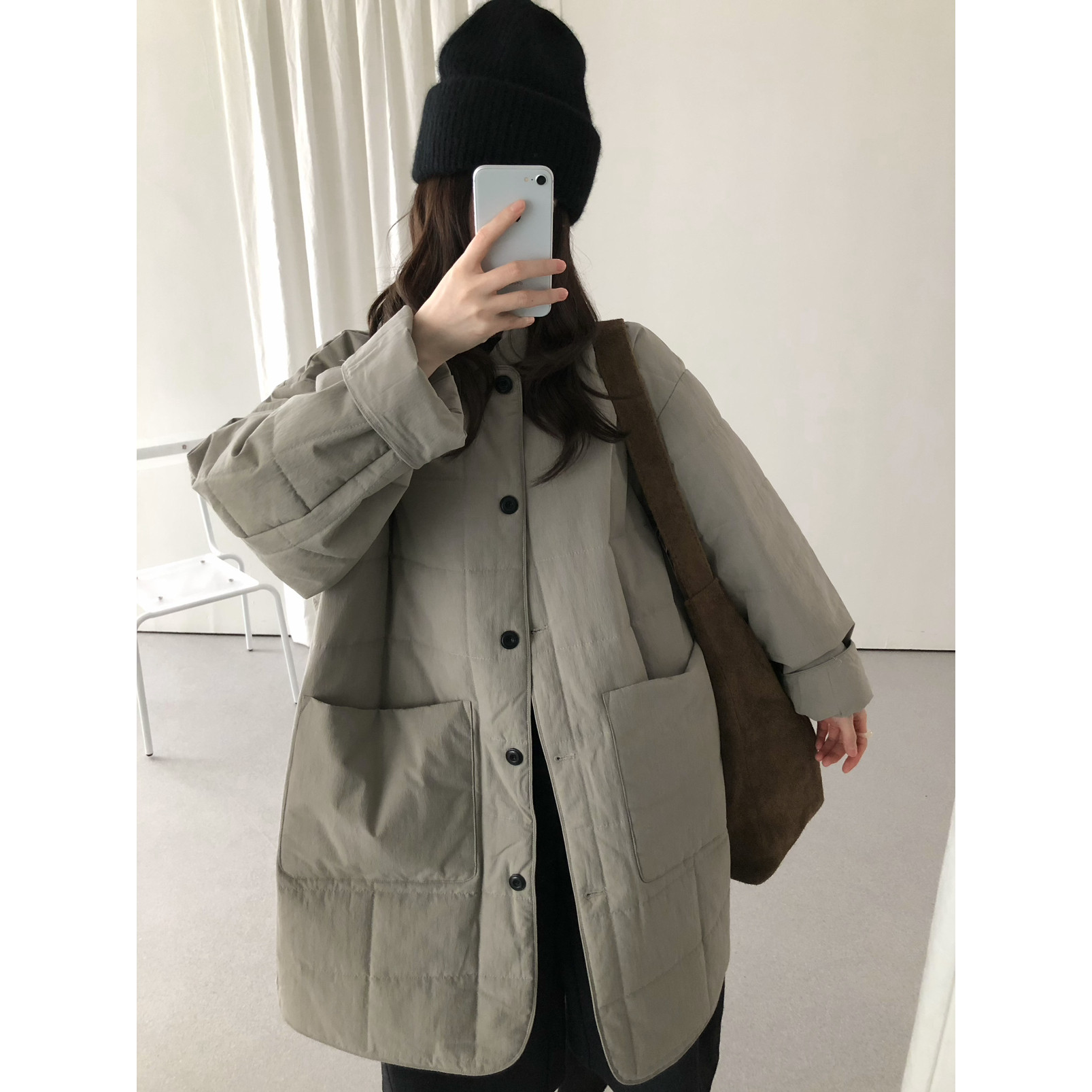 韩系松驰感厚实保暖长款棉服女