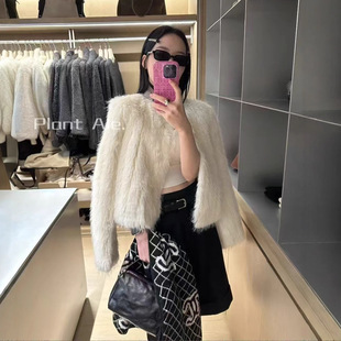 现货秒发一暗条纹环保皮草外套短款 毛毛外套仿真皮毛一体女87797