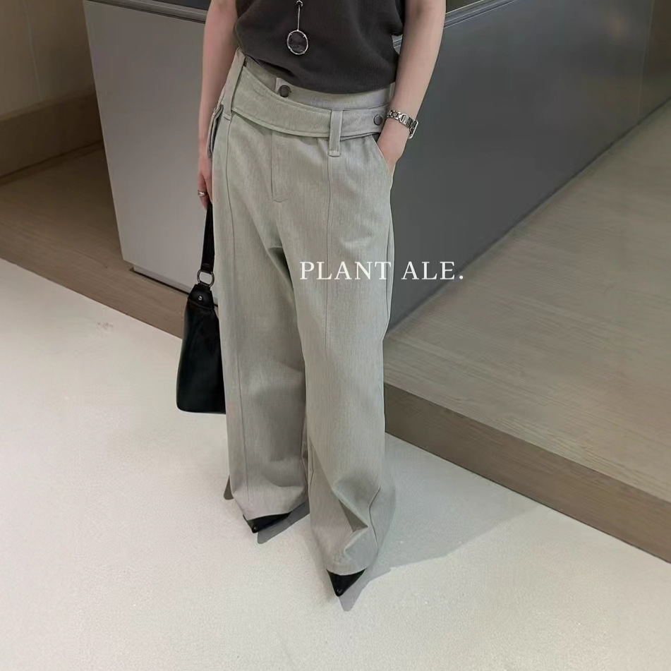 韩系设计感腰包装饰直筒裤一纯棉高腰修身显瘦窄版阔腿裤女U6048