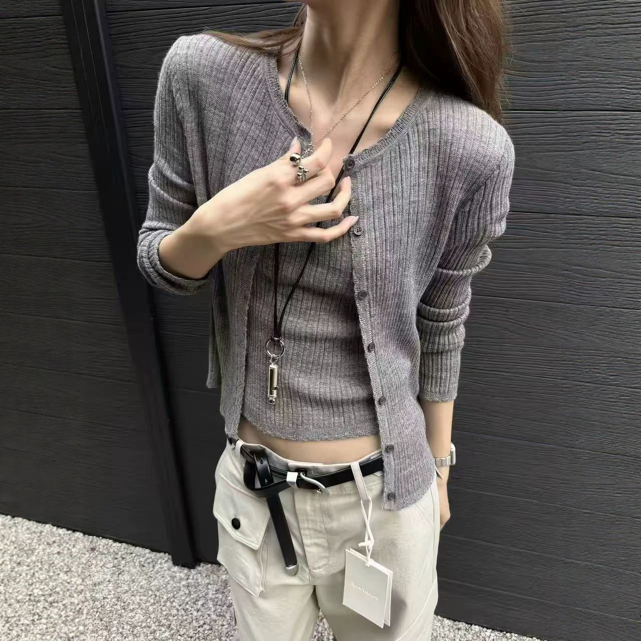 韩系软糯羊毛针织坑条长袖开衫