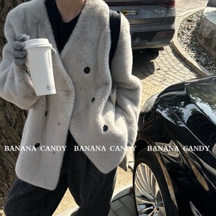 现货折扣一冬季 毛毛外套韩系高级感V领顺滑皮毛一体环保皮草 爆款