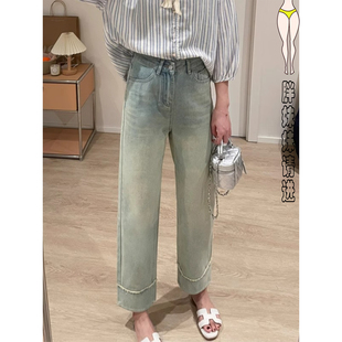 新款 显瘦拼接九分直筒裤 胖mm大码 高腰直筒牛仔裤 子 女装 春季