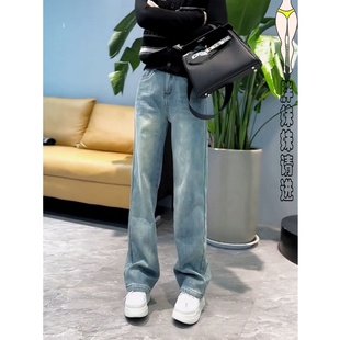 弹力直筒牛仔裤 刺绣拖地阔腿裤 女2026年新款 显瘦胖mm大码 春季 窄版