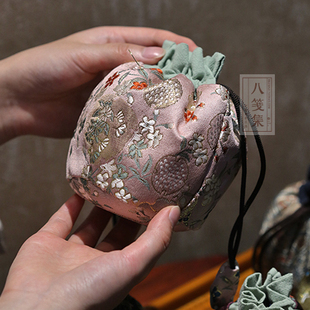 手工云锦织花盖碗茶杯袋夹棉防碰撞便携旅行茶仓束口风吕敷收纳包