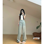 夏季 薄款 天丝蓝色高腰牛仔裤 猫猫家加长女裤 宽松水洗棉直筒阔腿裤