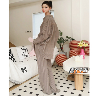 新款 猫猫家加长女裤 纯棉皱布条纹可外穿家居服套装 款 睡衣女春秋季