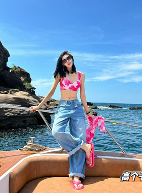 猫猫家加长女裤高个子蓝色札染弯刀牛仔裤女高腰显瘦宽松阔腿裤潮