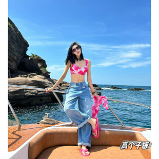 潮 女高腰显瘦宽松阔腿裤 猫猫家加长女裤 高个子蓝色札染弯刀牛仔裤