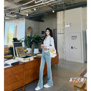 女显瘦腿百搭精堆积感马蹄裤 猫猫家加长女裤 高个子浅色低腰微喇裤