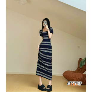猫猫家高个子复古撞色条纹短袖 显瘦包臀长裙 连衣裙夏季 设计感修身