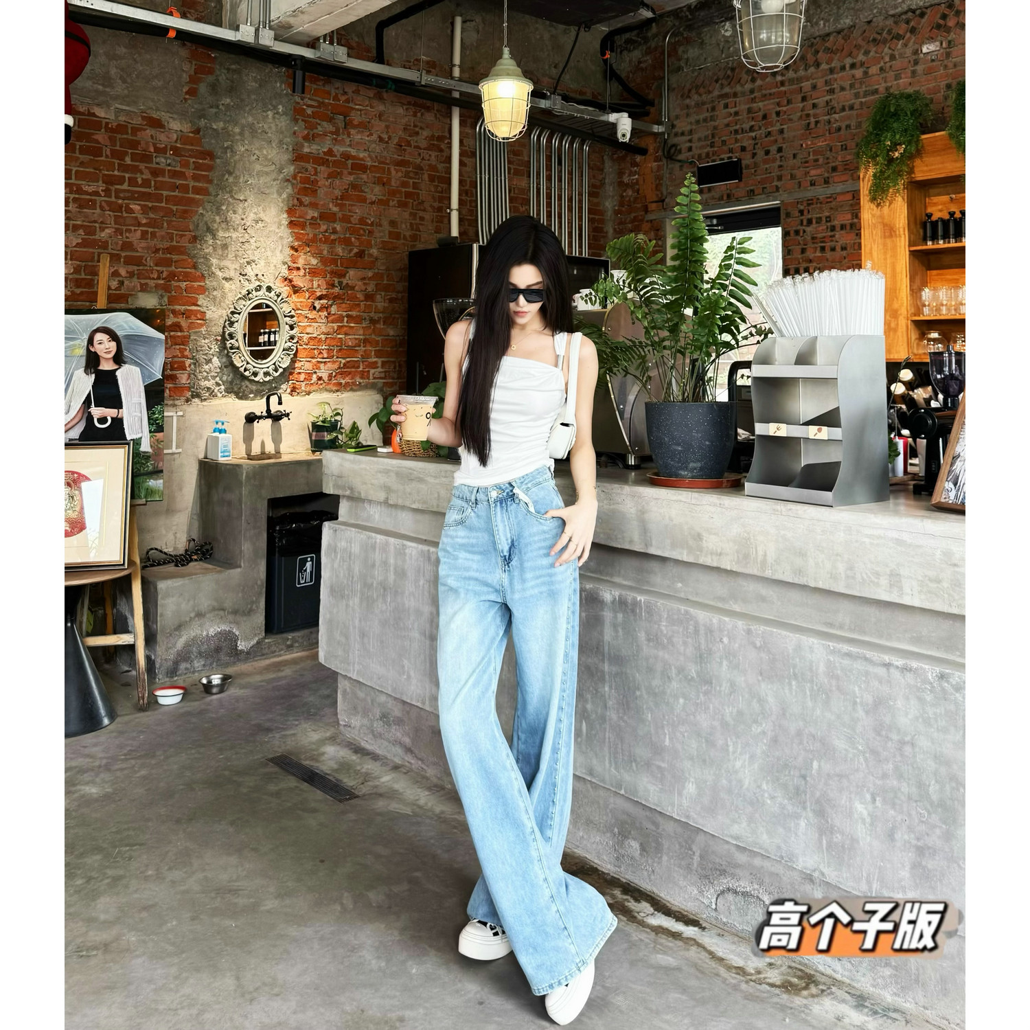 猫猫家加长女裤高个子夏季柳丁蓝色阔腿牛仔裤显瘦垂感直筒拖地裤