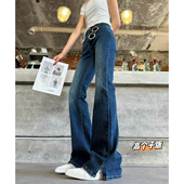 春夏新款 美式 复古高腰微喇牛仔长裤 猫猫家加长女裤 女开叉微喇叭裤