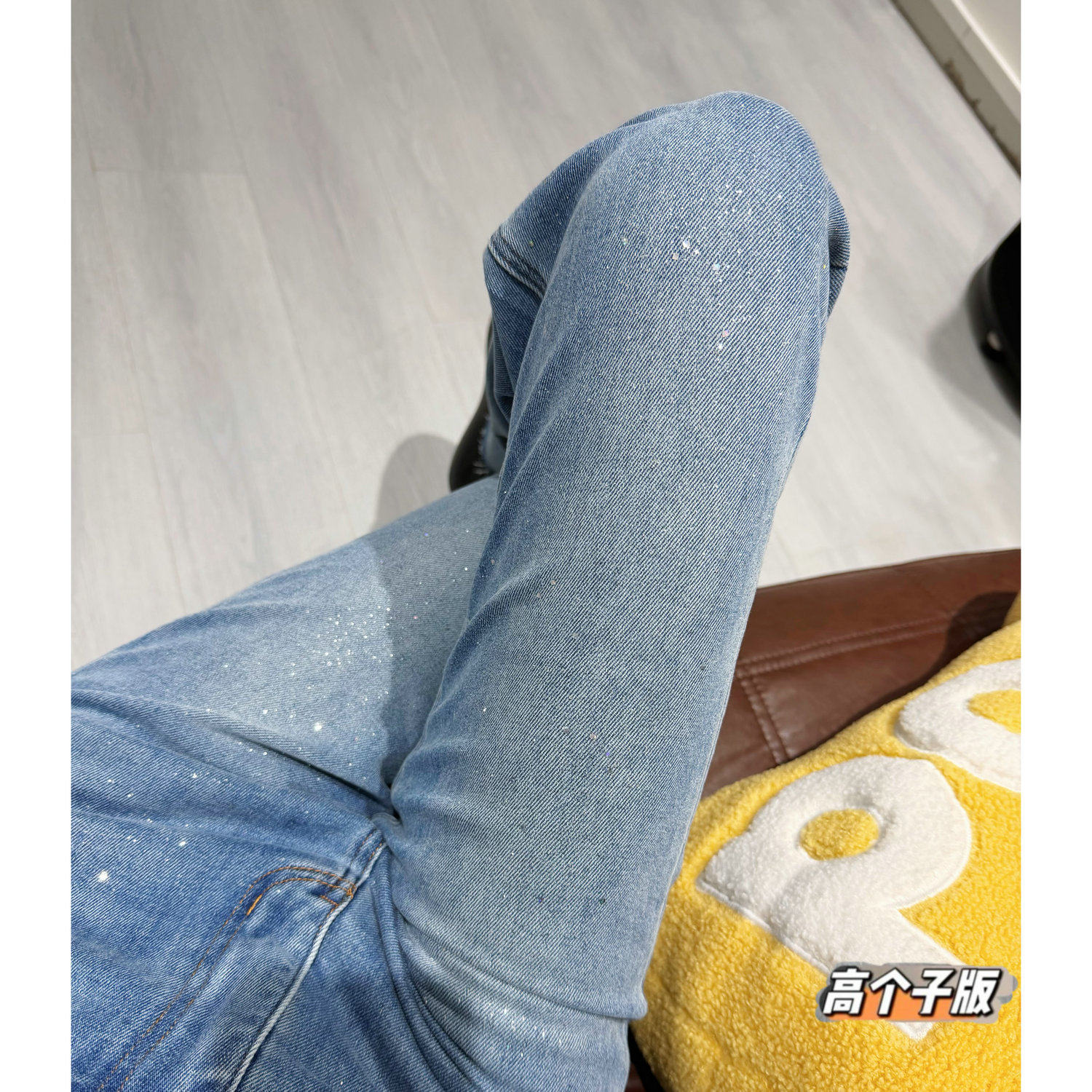 猫猫家加长女裤春夏薄款蓝色微喇牛仔裤女宽松撒银垂坠感直筒裤子