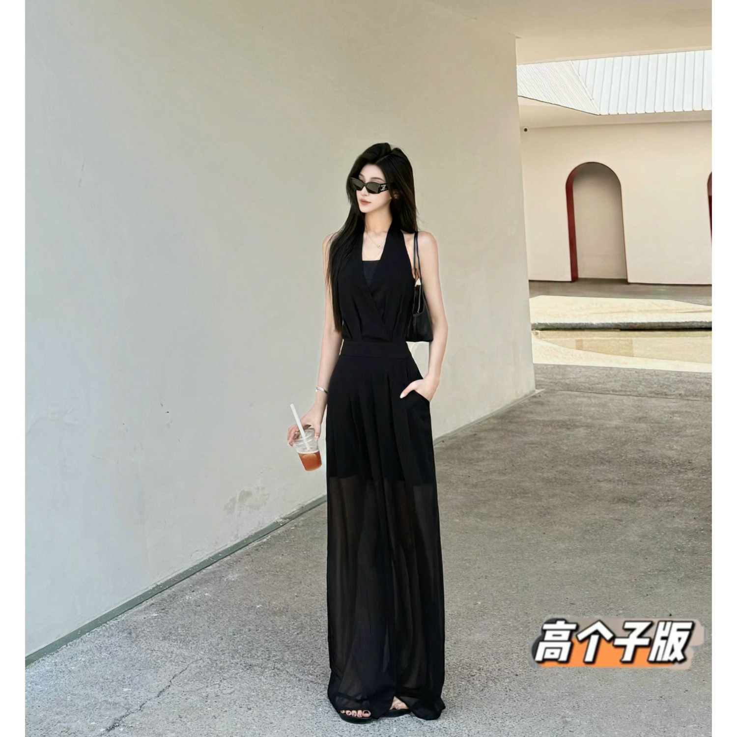 猫猫家加长女裤夏季高个子黑色垂感休闲阔腿裤女夏薄款雪纺连体裤