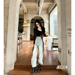 猫猫家加长女裤 女宽松直筒裤 拖地裤 高个子春夏设计感大破洞牛仔裤