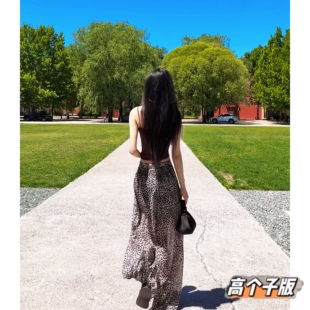 猫猫家加长女裤高个子夏季豹纹开衩雪纺裤薄款显瘦休闲裙裤阔腿裤