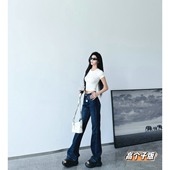 直筒裤 猫猫家加长女裤 秋冬高品质四面弹力阔腿直筒深蓝色丹宁窄版