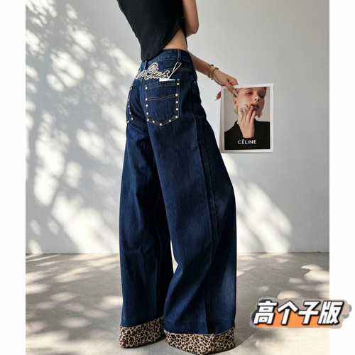 美式复古宽松豹纹翻折刺绣牛仔裤