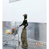 秋冬美式 复古军绿色工装 裤 猫猫家加长女裤 女宽松设计感阔腿伞兵裤