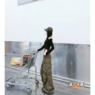 女宽松设计感阔腿伞兵裤 猫猫家加长女裤 裤 复古军绿色工装 秋冬美式