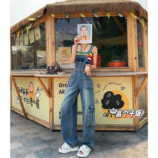猫猫家加长女裤背带牛仔裤美式复古工装裤宽松直筒阔腿裤显瘦长裤