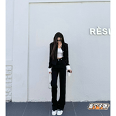 女宽松显瘦直筒垂感拖地长裤 猫猫家加长女裤 秋冬高腰阔腿牛仔裤 子