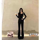 猫猫家加长女裤 显瘦假两件休闲运动裤 高个子辣妹黑色屁帘裤 微喇裤