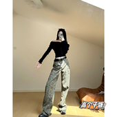 猫猫家加长女裤 复古休jennie同款 春夏直筒微喇豹纹牛仔裤 宽松美式