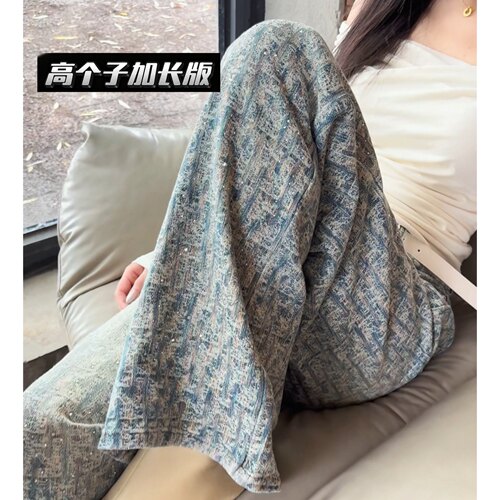 牛仔裤女宽松阔腿裤提花直筒裤