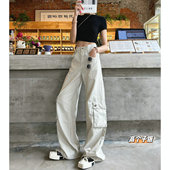 牛仔裤 高腰宽松直筒工装 秋冬兜盖口袋阔腿拖地长裤 猫猫家加长女裤