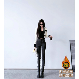 猫猫家加长女裤秋冬加绒加厚复古紧身牛仔裤女高腰弹力修身小脚裤