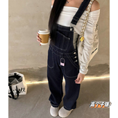 女宽松阔腿裤 猫猫家加长女裤 高个子重工复古水洗不掉色牛仔背带裤