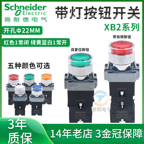 施耐德带灯按钮XB2BW33B1C 34B1C 35B1C 33M1C红绿黄蓝AC220/DC24